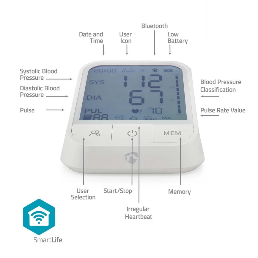 Nedis BTHBP10WT - Tensiómetro inteligente Tuya 4xAAA