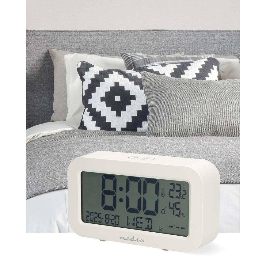 Reloj digital con alarma, termómetro e higrómetro 2xAA blanco