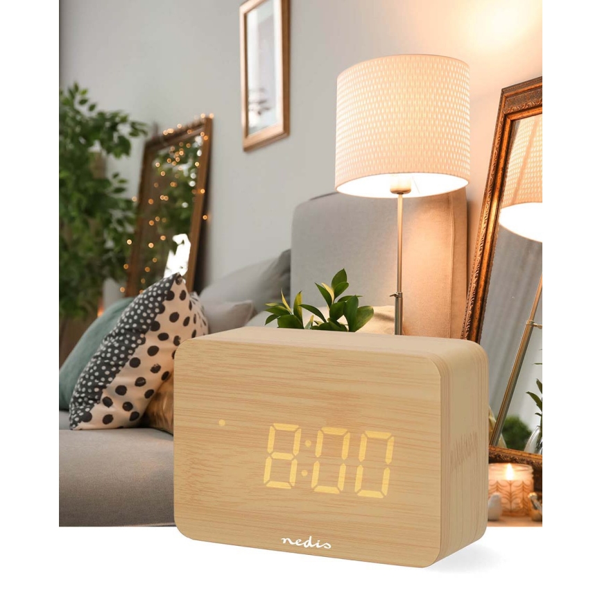 Reloj despertador digital con pantalla LED y termómetro, 5V/3xAAA, de madera