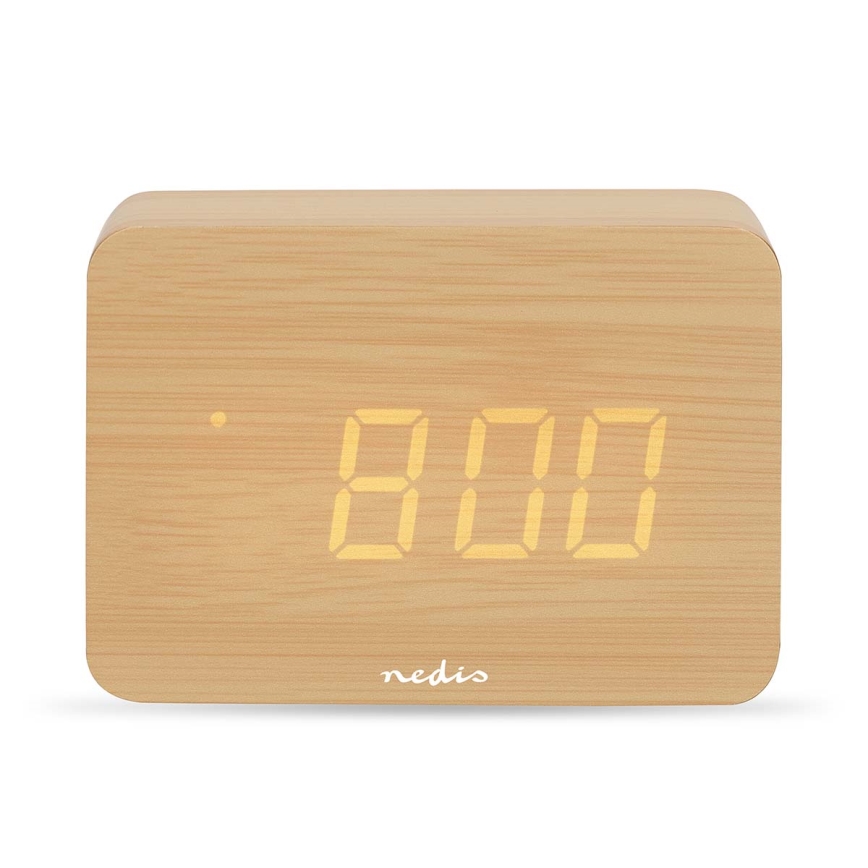 Reloj despertador digital con pantalla LED y termómetro, 5V/3xAAA, de madera