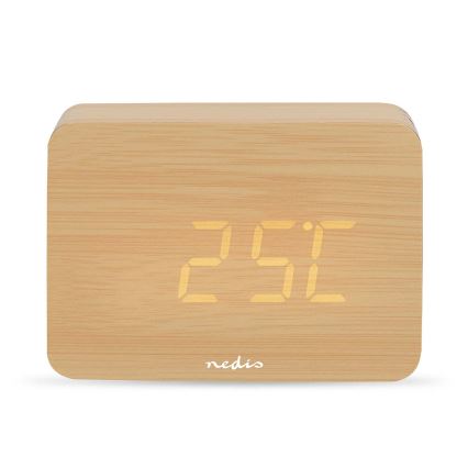 Reloj despertador digital con pantalla LED y termómetro, 5V/3xAAA, de madera