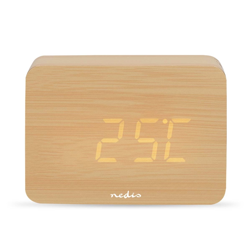 Reloj despertador digital con pantalla LED y termómetro, 5V/3xAAA, de madera