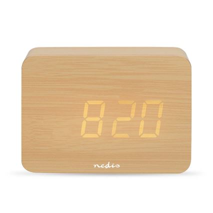 Reloj despertador digital con pantalla LED y termómetro, 5V/3xAAA, de madera