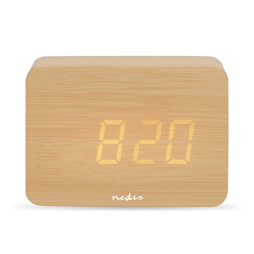 Reloj despertador digital con pantalla LED y termómetro, 5V/3xAAA, de madera