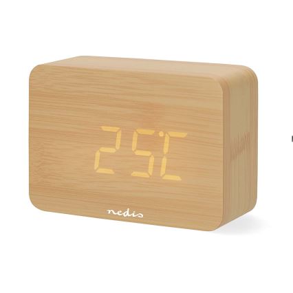 Reloj despertador digital con pantalla LED y termómetro, 5V/3xAAA, de madera