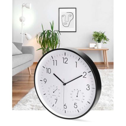 Reloj de pared con termómetro e higrómetro, Ø 30,5 cm, 1xAA, negro