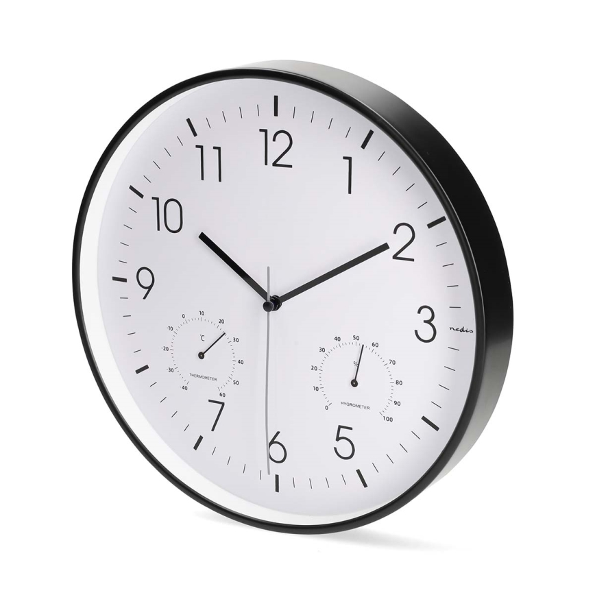 Reloj de pared con termómetro e higrómetro, Ø 30,5 cm, 1xAA, negro