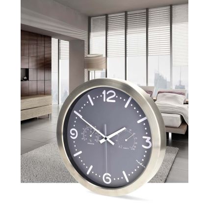 Reloj de pared con termómetro e higrómetro, Ø 30,5 cm, 1xAA, acero inoxidable/gris