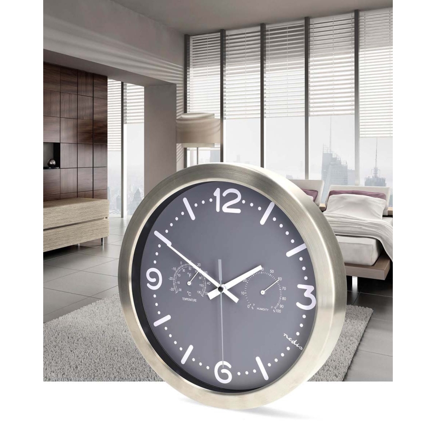 Reloj de pared con termómetro e higrómetro, Ø 30,5 cm, 1xAA, acero inoxidable/gris
