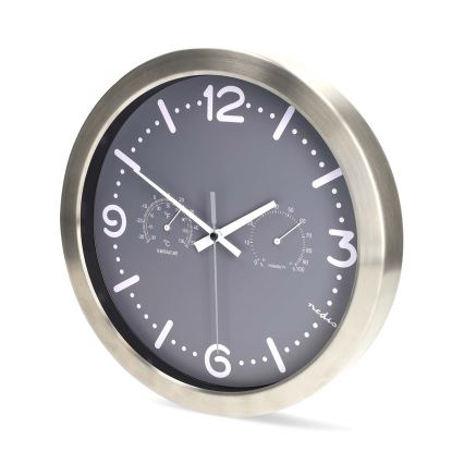 Reloj de pared con termómetro e higrómetro, Ø 30,5 cm, 1xAA, acero inoxidable/gris