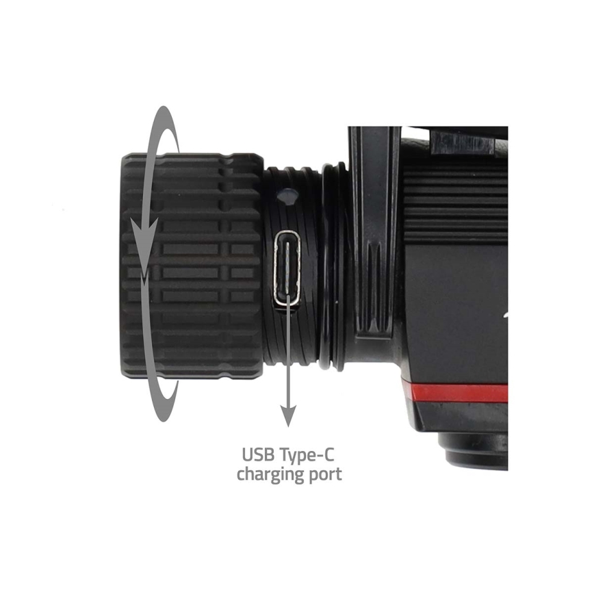 Linterna frontal LED regulable y recargable de aluminio, 10W/5V, 2200 mAh, IPX8, negra