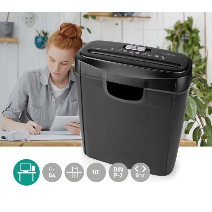 Trituradora de papel A4, capacidad 10 l, 230V, negra