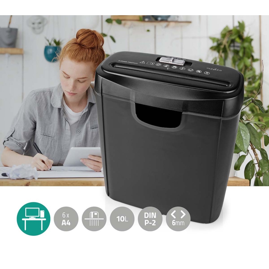 Trituradora de papel A4, capacidad 10 l, 230V, negra