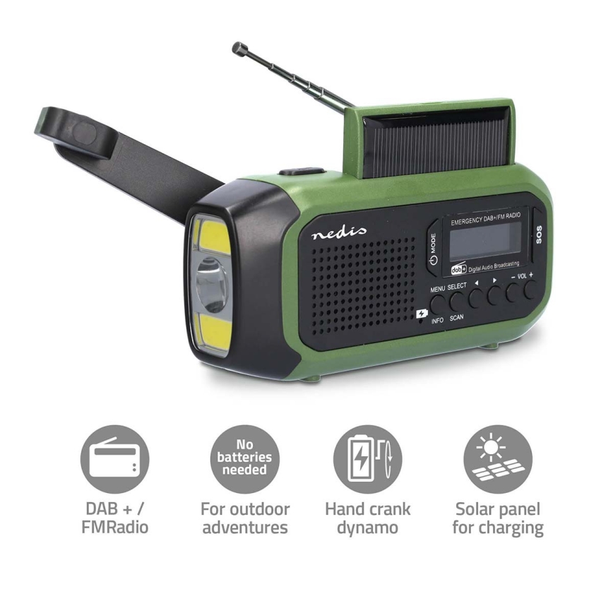 Radio DAB+/FM con manivela, panel solar y linterna LED 5V/2500 mAh verde/negro