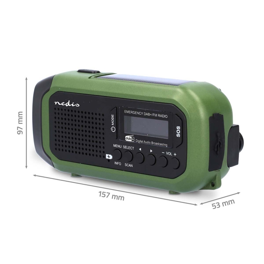 Radio DAB+/FM con manivela, panel solar y linterna LED 5V/2500 mAh verde/negro