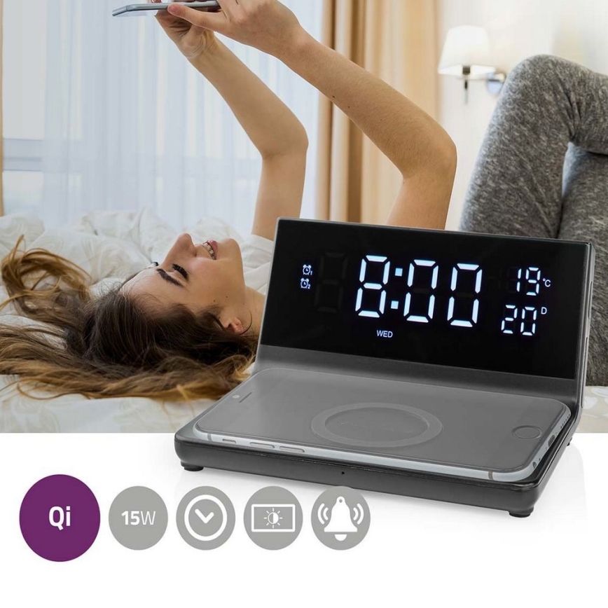 Reloj despertador con pantalla LCD y inalámbrico con cargador 15W/5V + 1xCR2032 negro