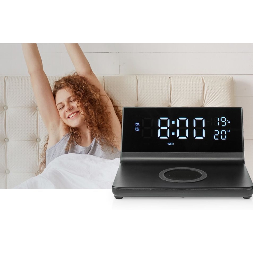 Reloj despertador con pantalla LCD y inalámbrico con cargador 15W/5V + 1xCR2032 negro