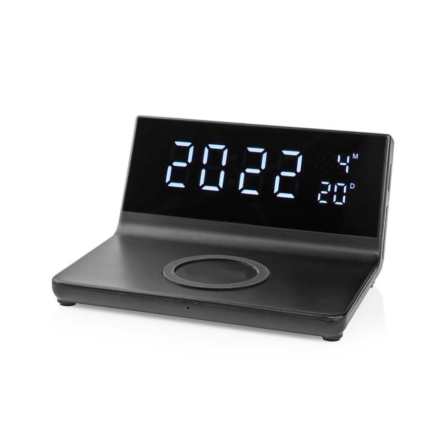 Reloj despertador con pantalla LCD y inalámbrico con cargador 15W/5V + 1xCR2032 negro