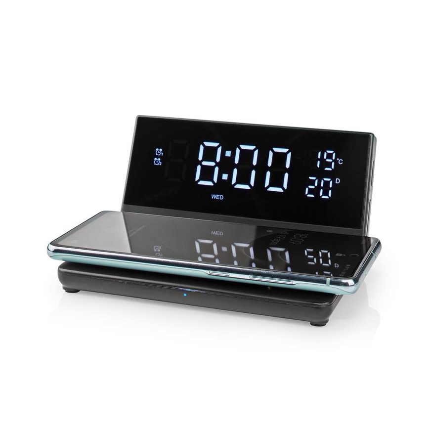 Reloj despertador con pantalla LCD y inalámbrico con cargador 15W/5V + 1xCR2032 negro