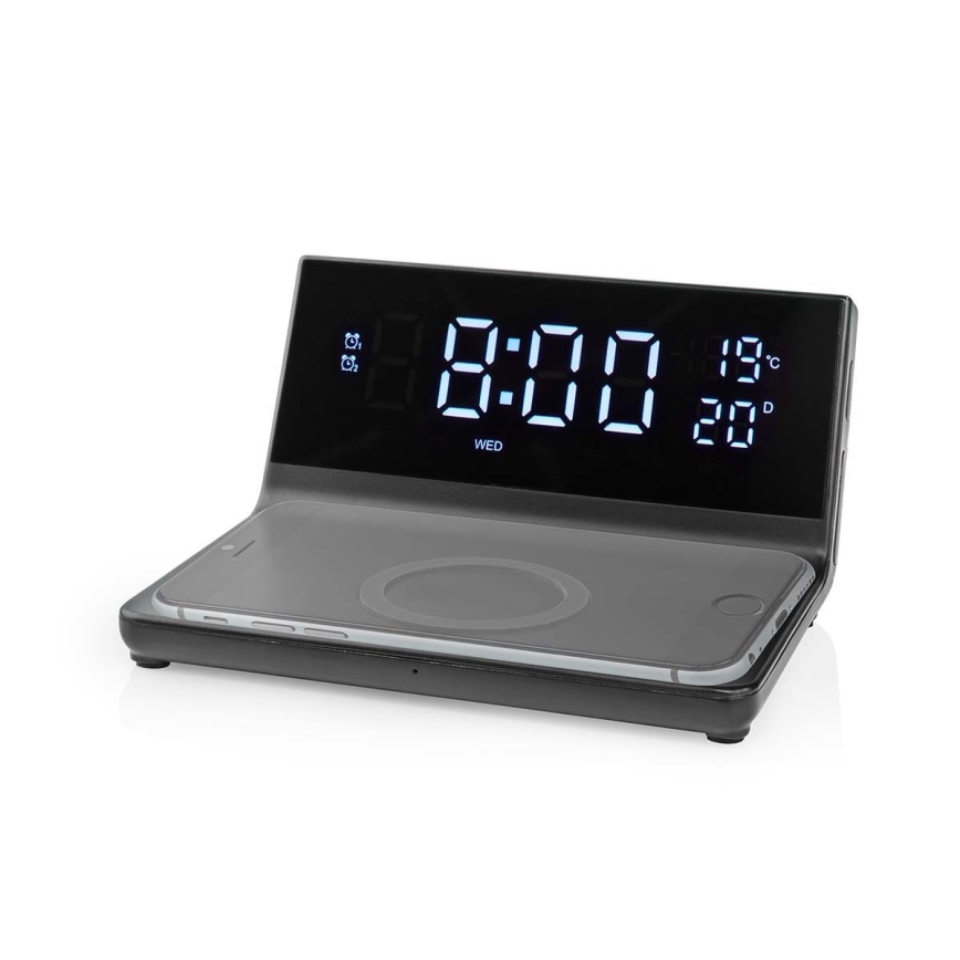 Reloj despertador con pantalla LCD y inalámbrico con cargador 15W/5V + 1xCR2032 negro
