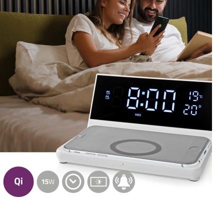 Reloj despertador con pantalla LCD y cargador inalámbrico 15W/5V + 1xCR2032 blanco