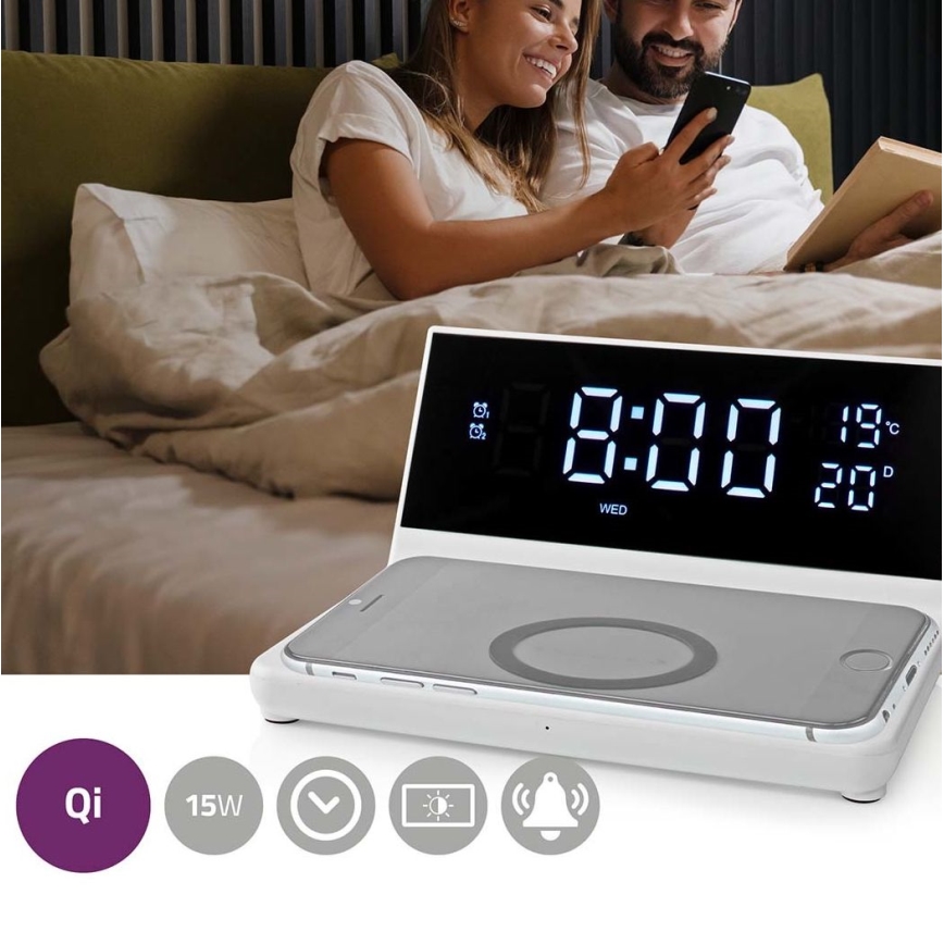 Reloj despertador con pantalla LCD y cargador inalámbrico 15W/5V + 1xCR2032 blanco