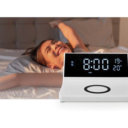 Reloj despertador con pantalla LCD y cargador inalámbrico 15W/5V + 1xCR2032 blanco