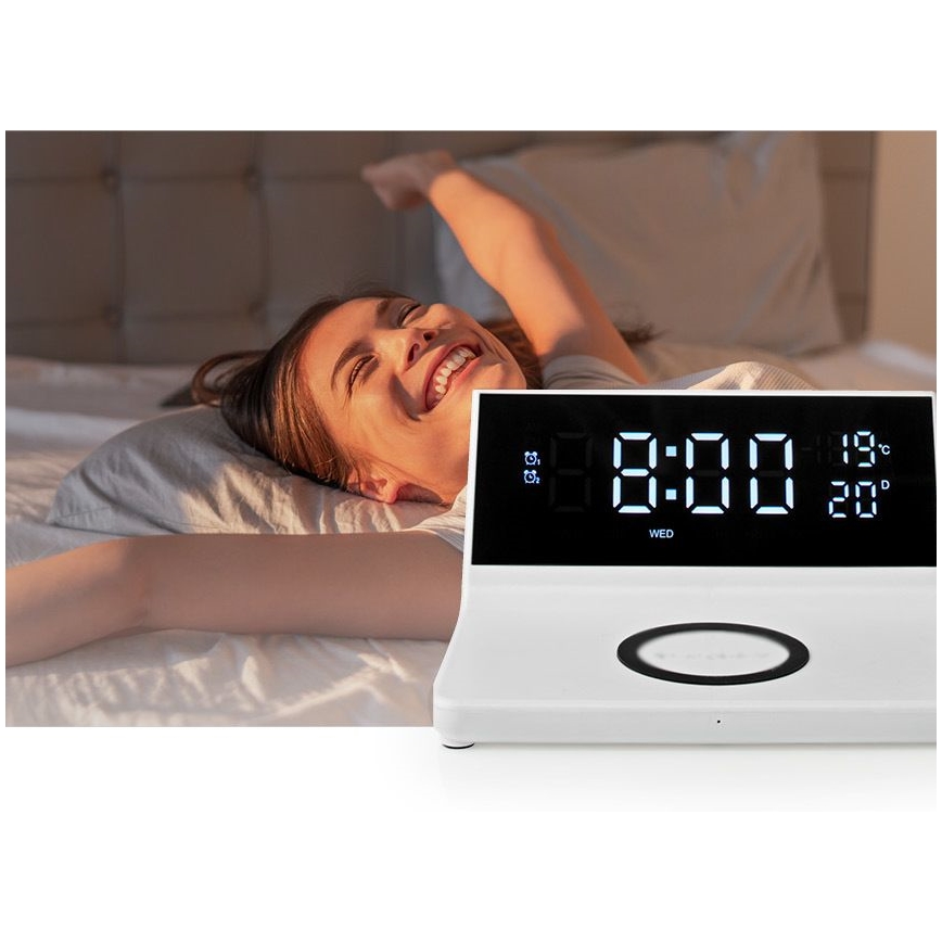 Reloj despertador con pantalla LCD y cargador inalámbrico 15W/5V + 1xCR2032 blanco