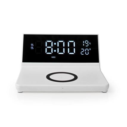 Reloj despertador con pantalla LCD y cargador inalámbrico 15W/5V + 1xCR2032 blanco