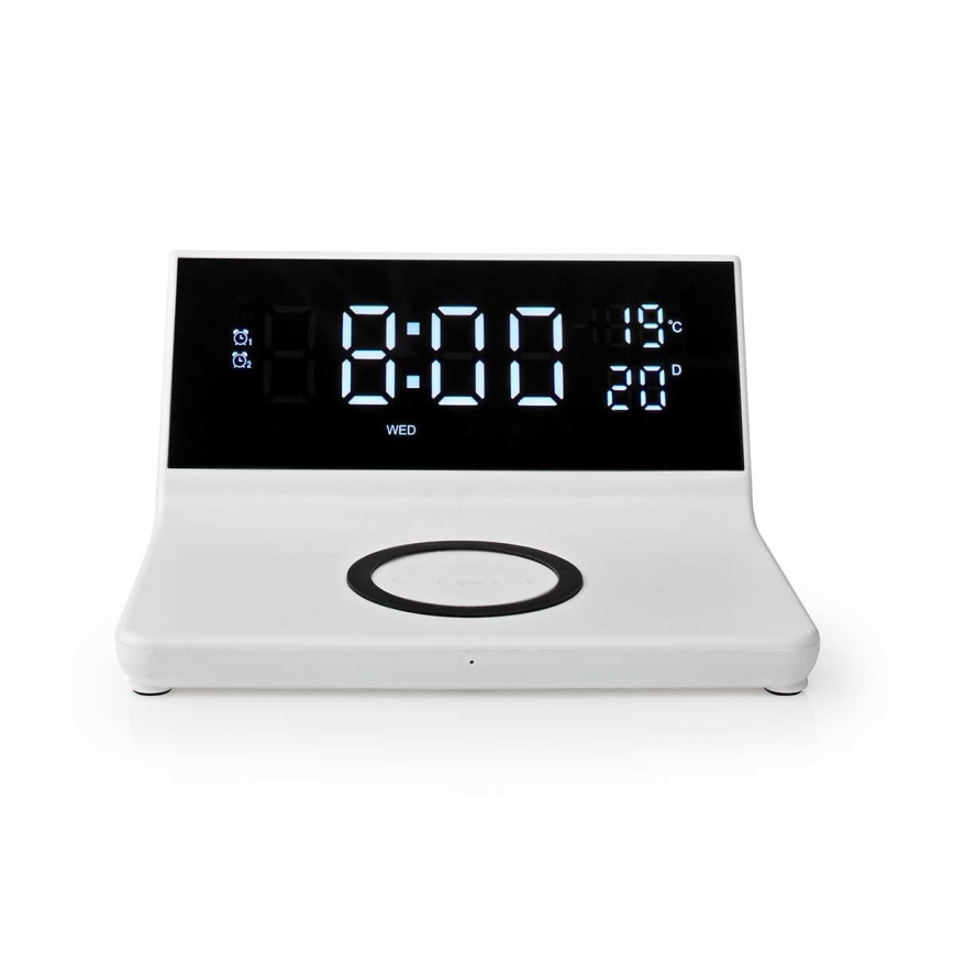 Reloj despertador con pantalla LCD y cargador inalámbrico 15W/5V + 1xCR2032 blanco