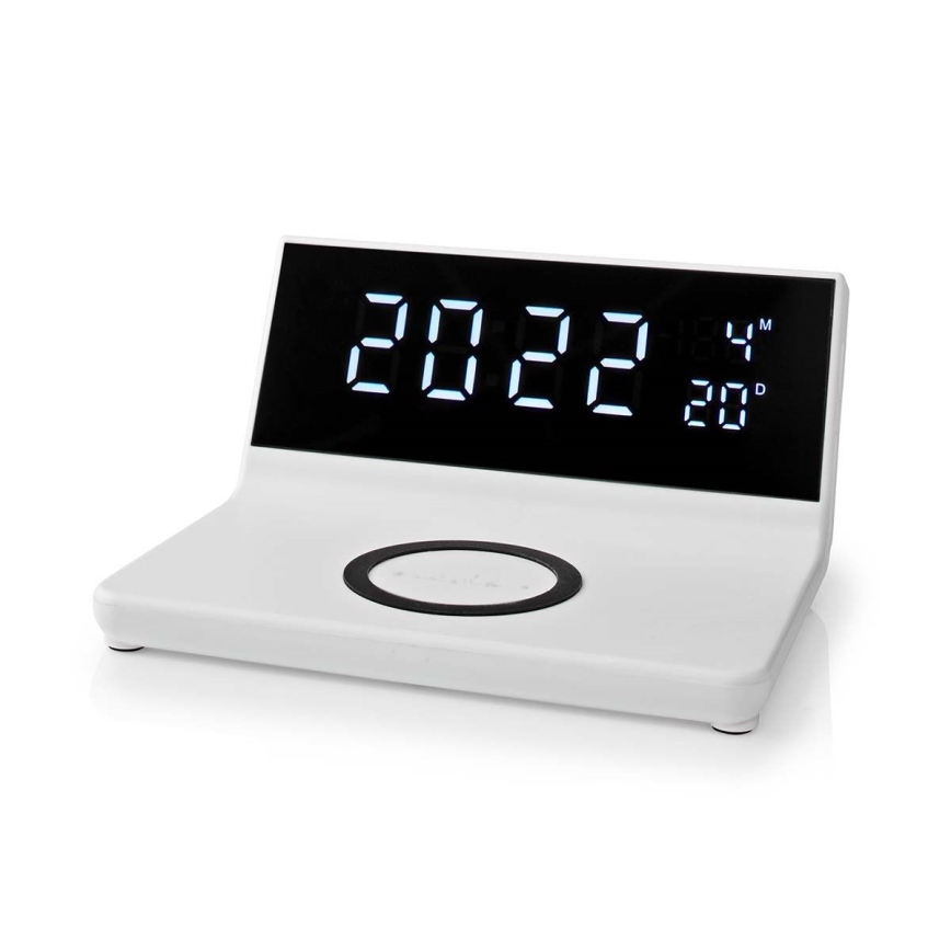 Reloj despertador con pantalla LCD y cargador inalámbrico 15W/5V + 1xCR2032 blanco