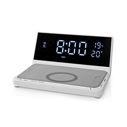 Reloj despertador con pantalla LCD y cargador inalámbrico 15W/5V + 1xCR2032 blanco