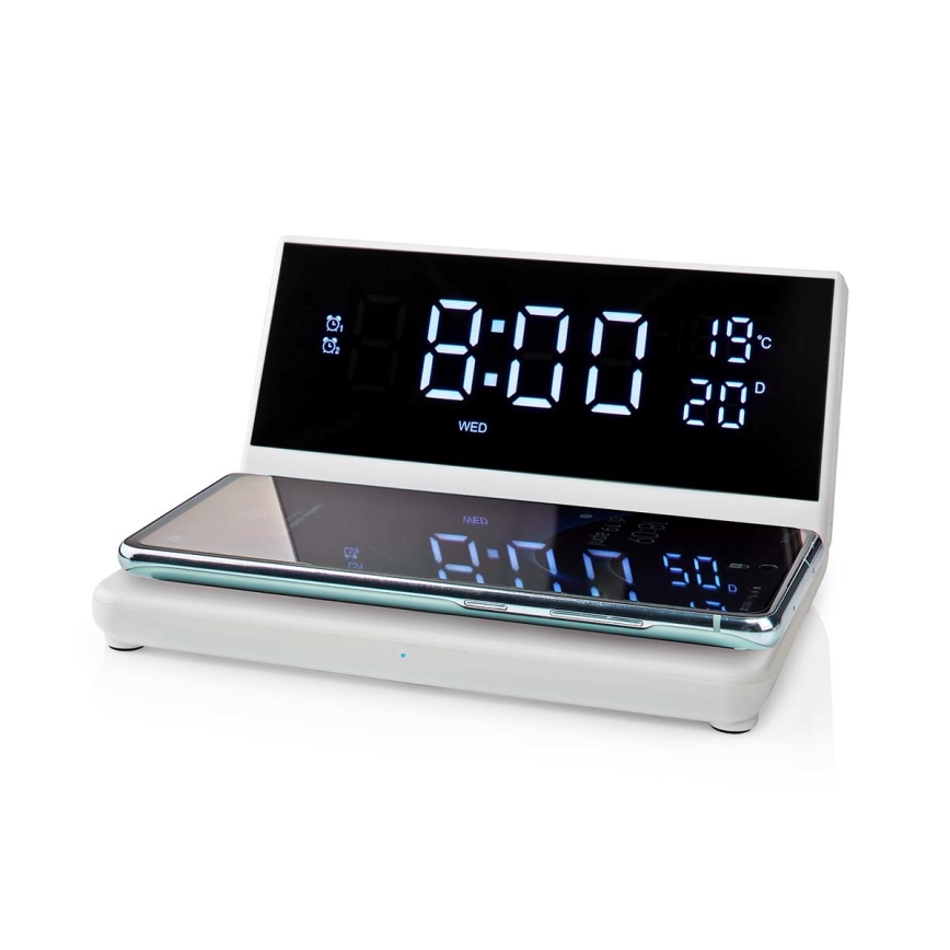 Reloj despertador con pantalla LCD y inalámbrico con cargador 15W/230V + 1xCR2032 blanco