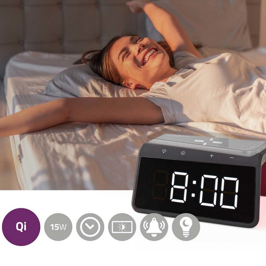 Reloj despertador con pantalla LCD y inalámbrico con cargador 15W/230V 1x CR2032 negro