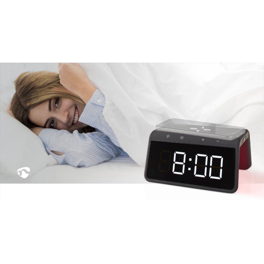 Reloj despertador con pantalla LCD y inalámbrico con cargador 15W/230V 1x CR2032 negro