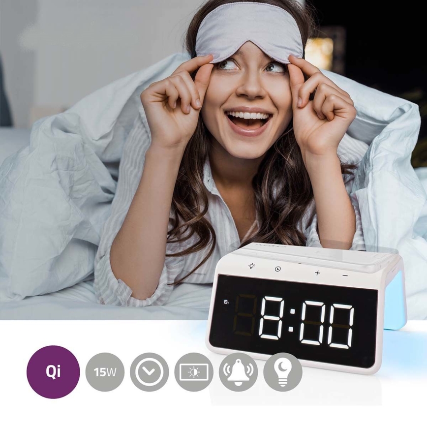 Reloj despertador con pantalla LCD y inalámbrico con cargador 15W/230V 1x CR2032 blanco