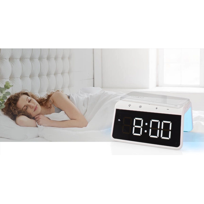 Reloj despertador con pantalla LCD y inalámbrico con cargador 15W/230V 1x CR2032 blanco