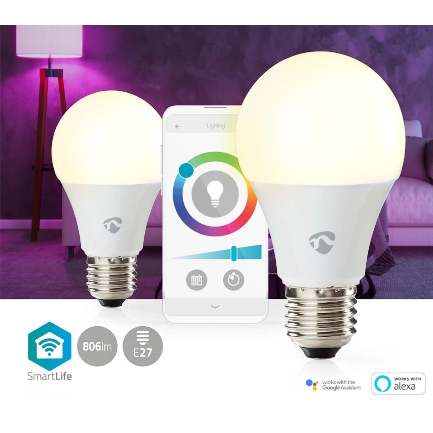 Pack de 2 bombillas LED RGBW regulables SmartLife E27/9W/230V Wi-Fi 2700-6500K