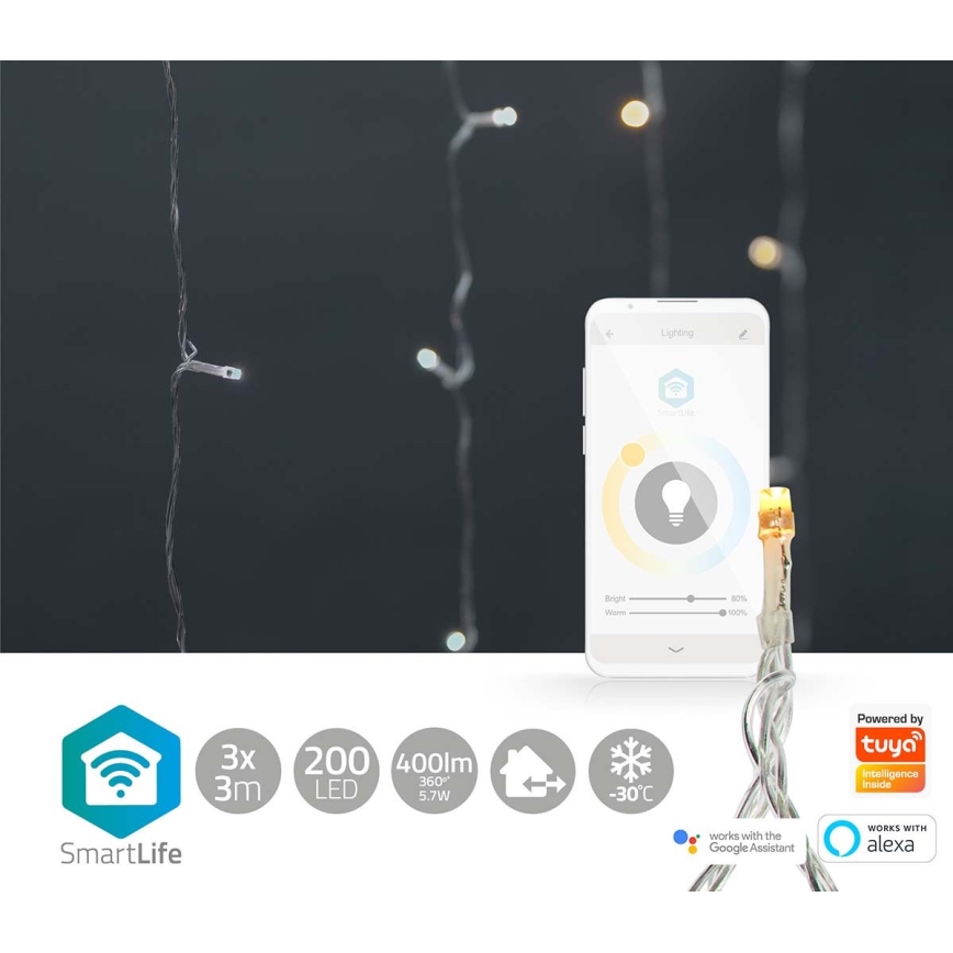 Cortina LED navideña 200xLED/11 funciones 6m IP65 Wi-Fi Tuya blanco cálido a frío