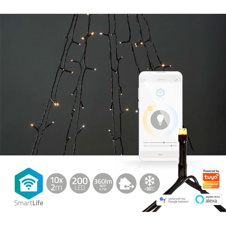Cortina de luces LED navideñas para exterior 200xLED/8 funciones 10x2m IP65 Wi-Fi Tuya blanco cálido a frío