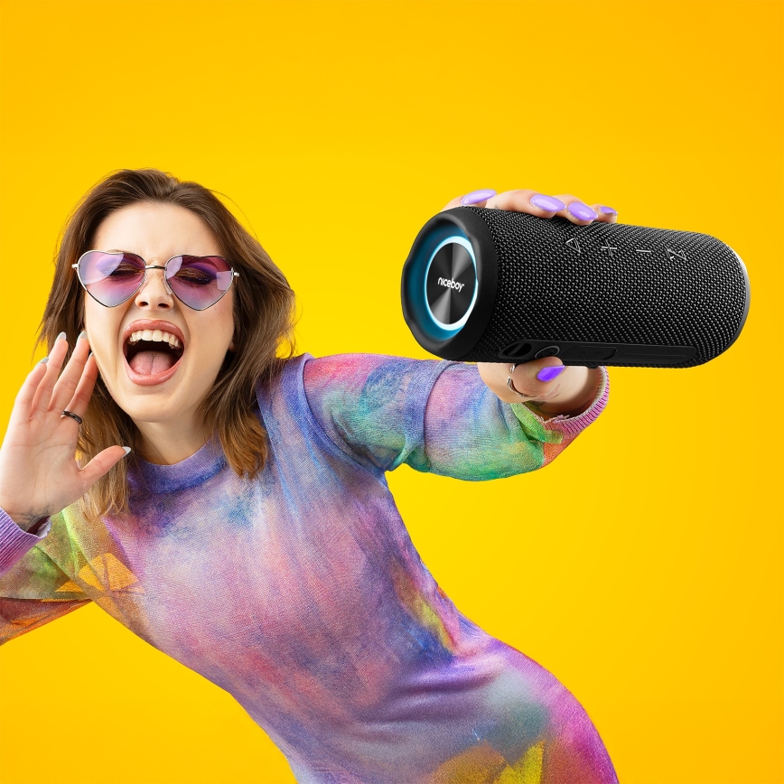Niceboy Nexus - Altavoz inalámbrico LED con micrófono 26W/4000 mAh IPX6 negro