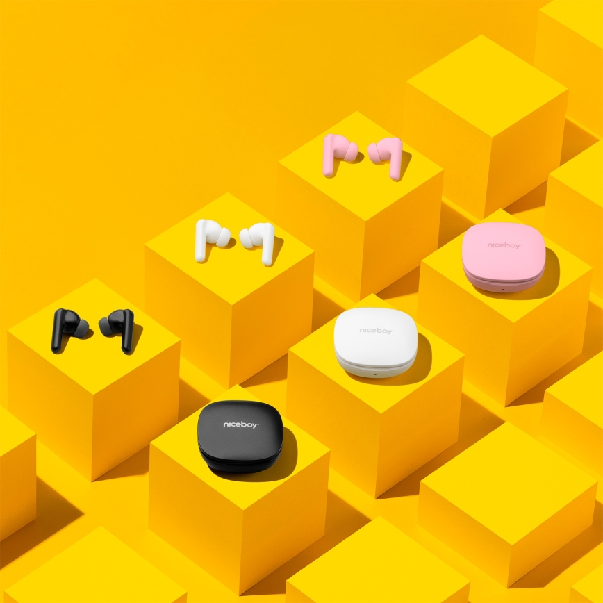 Niceboy Pins 4 PRO - Auriculares inalámbricos con cancelación activa de ruido (ANC), batería 380 mAh + 2 × 35 mAh, IP54, rosa