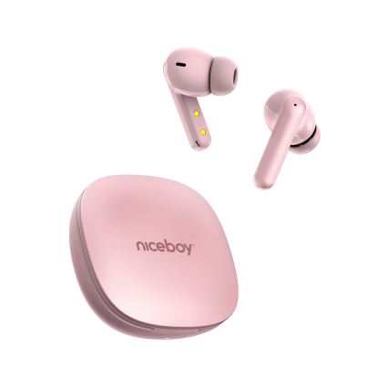 Niceboy Pins 4 PRO - Auriculares inalámbricos con cancelación activa de ruido (ANC), batería 380 mAh + 2 × 35 mAh, IP54, rosa