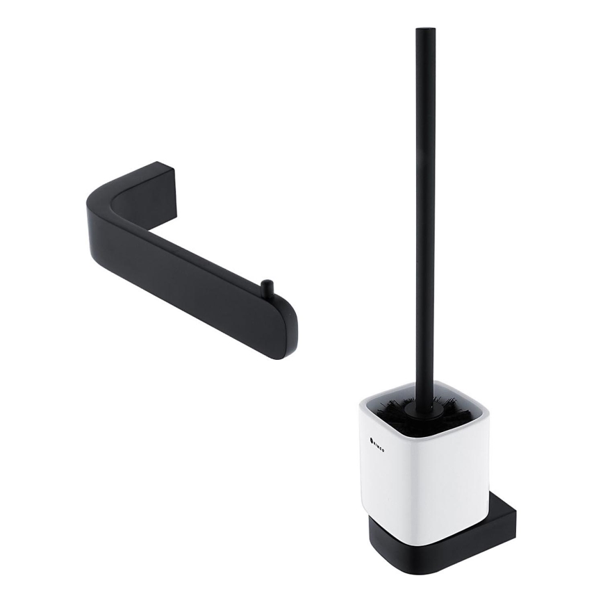 NIMCO NKC set-94KN-90 - Cepillo de inodoro montado en la pared y portarrollos de papel higiénico NIKAU blanco/negro mate