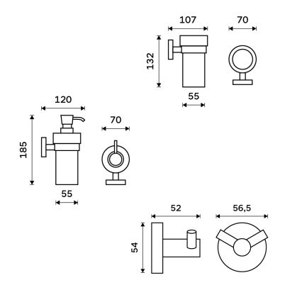 NIMCO UN set-31W-26 - Dispensador de jabón de pared, soporte para cepillos de dientes y gancho de pared UNIX 250 mm mate tarros/cromo brillante