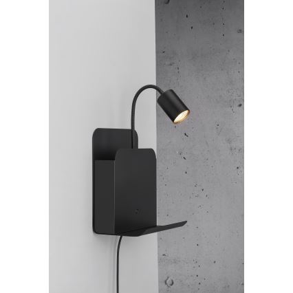 Nordlux - Foco de pared con estante y USB ROOMI 1xGU10/8W/230V negro