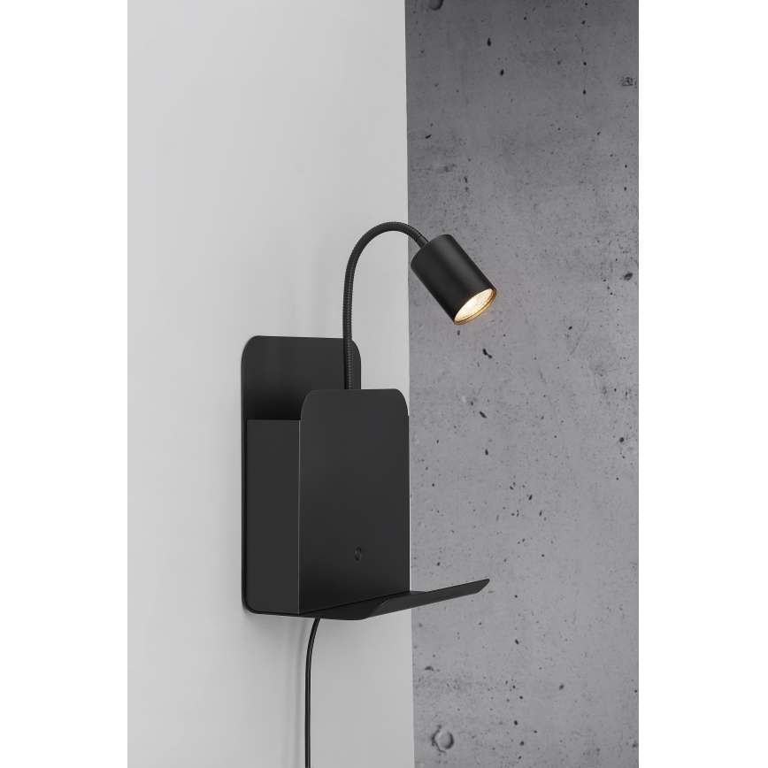 Nordlux - Foco de pared con estante y USB ROOMI 1xGU10/8W/230V negro