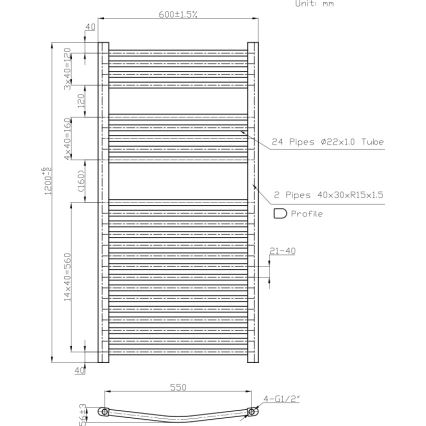 Novaservis - Radiador toallero de escalera para baño 644W/230V 120x60 cm blanco redondeado