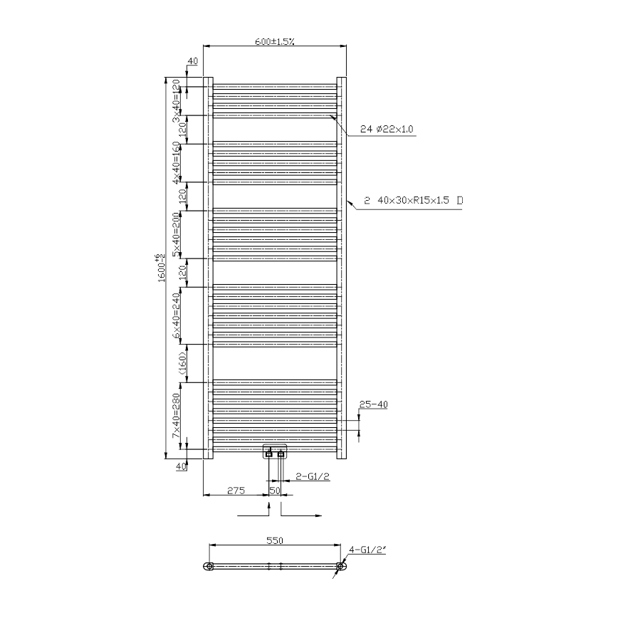 Novaservis - Radiador toallero en escalera para baño 836W/230V 160x60 cm negro recto