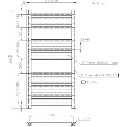 Novaservis - Radiador toallero para baño 365W/230V 90x45 cm blanco recto